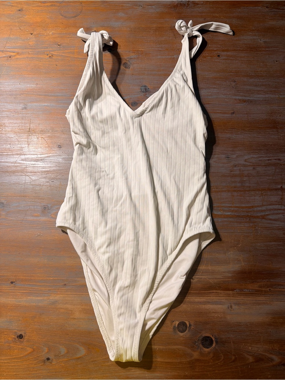 Shade & Shore Cream Ribbed Tie-Shoulder Swimsuit